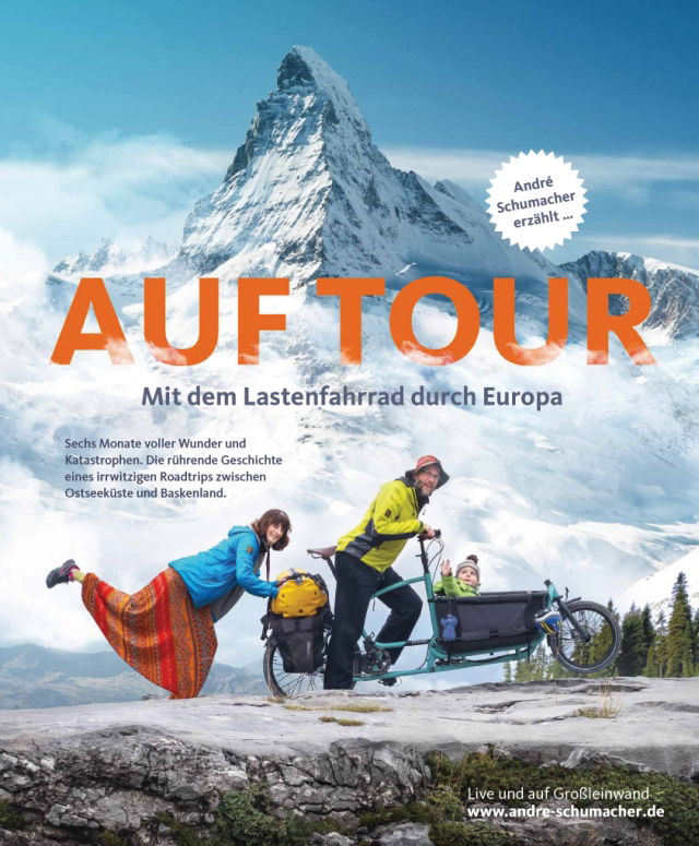 Auf Tour mit Lastenfahrrad Auf Tour Plakat mit André Schumacher